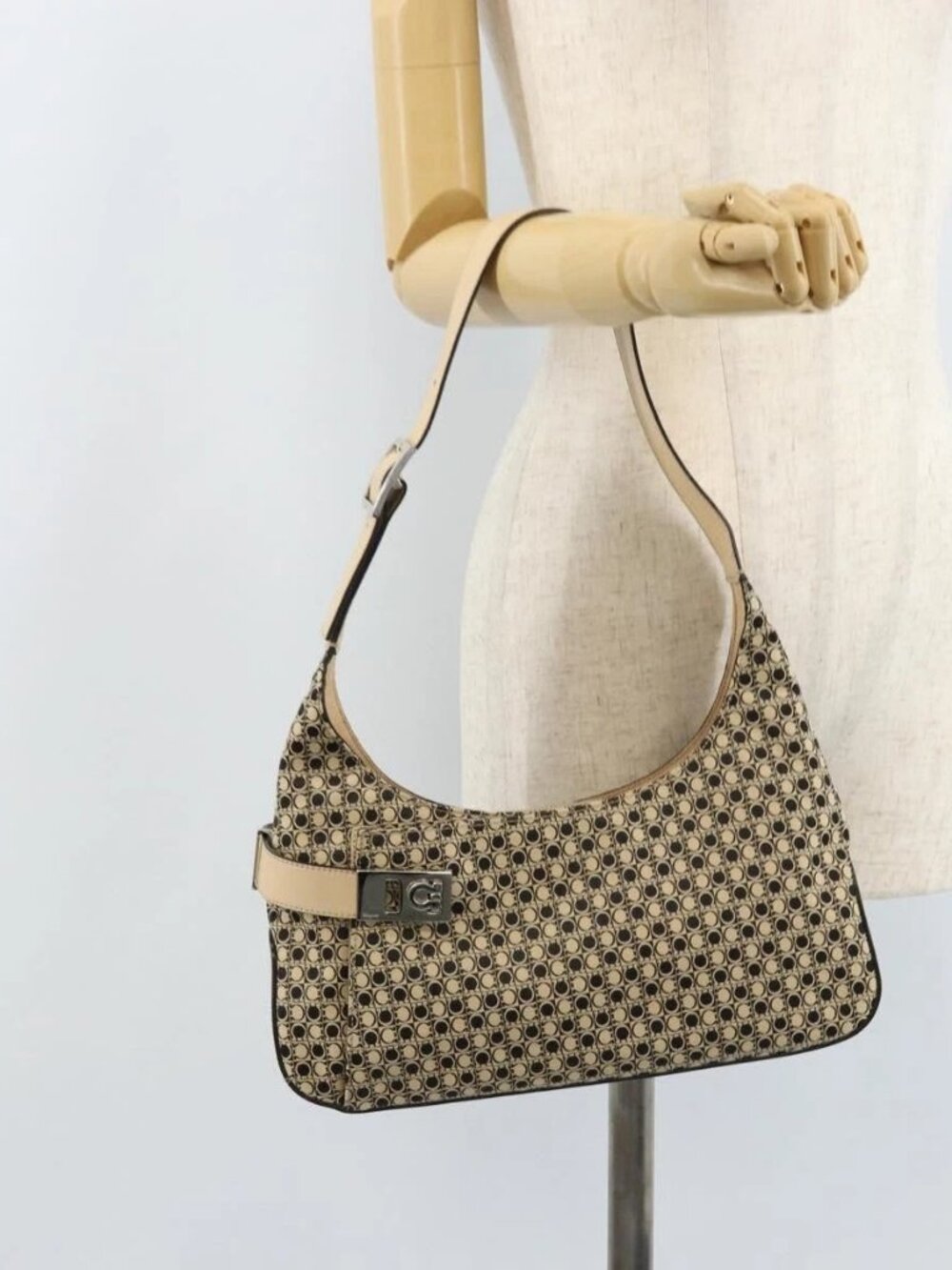 Salvatore Ferragamo Gancini Shoulder Bag Canvas Beige Silver Auth ka2988